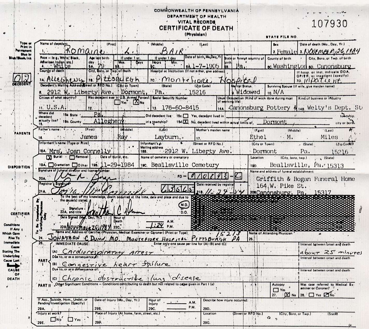 Romaine Bair death certificate